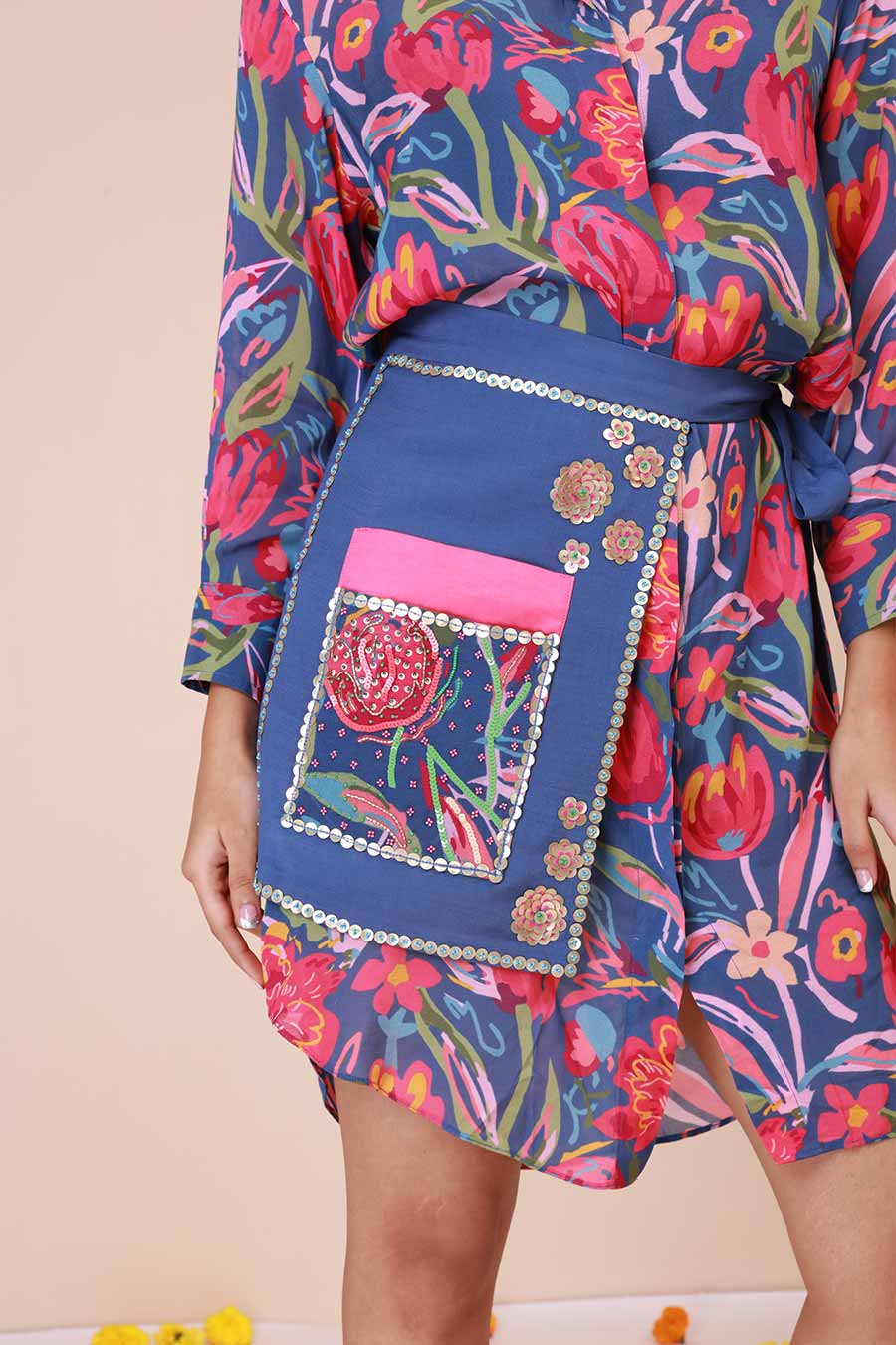 Blue Rose Print Dress & Harness Set