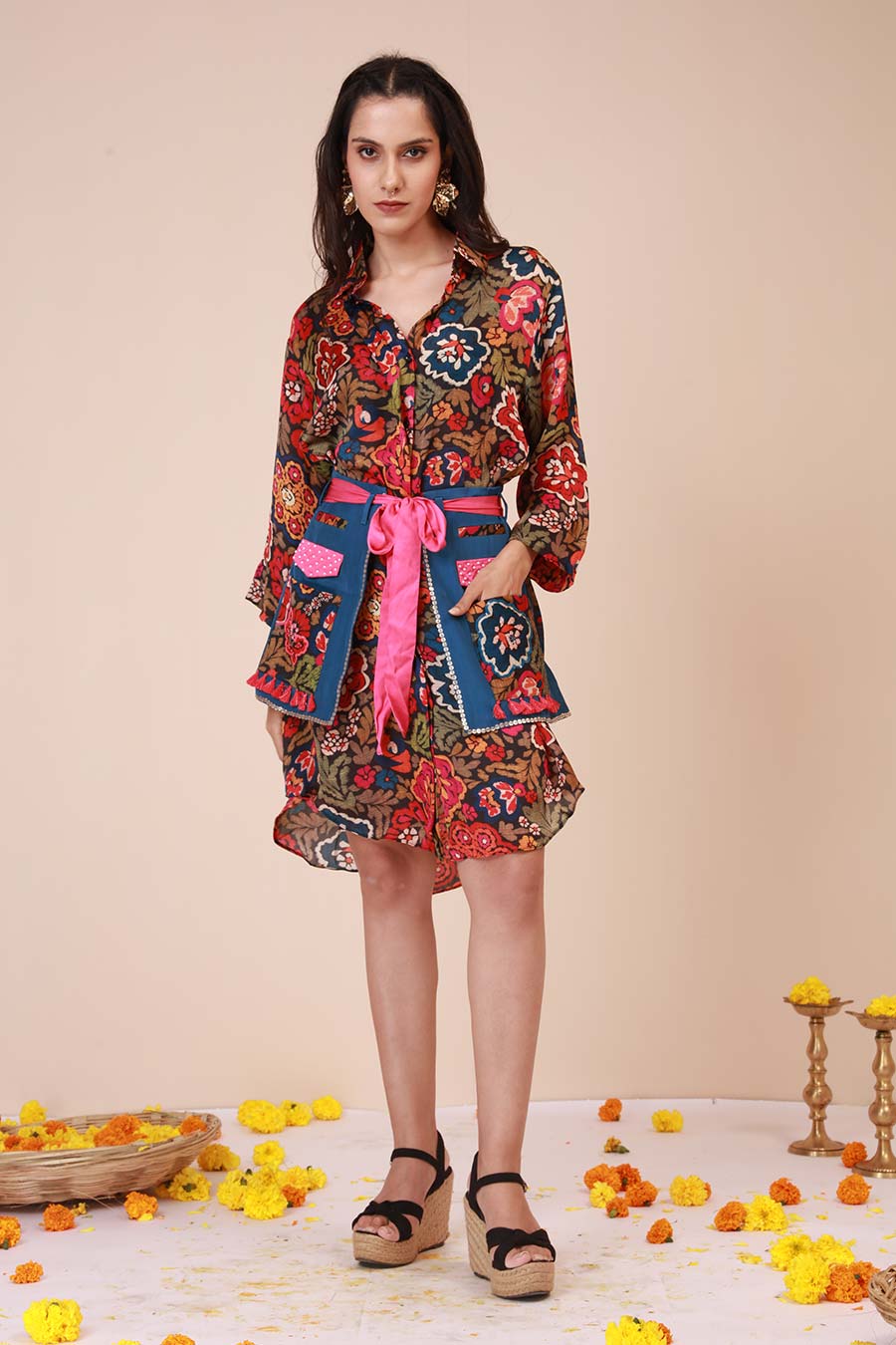 Blue Floral Print Dress & Harness Set