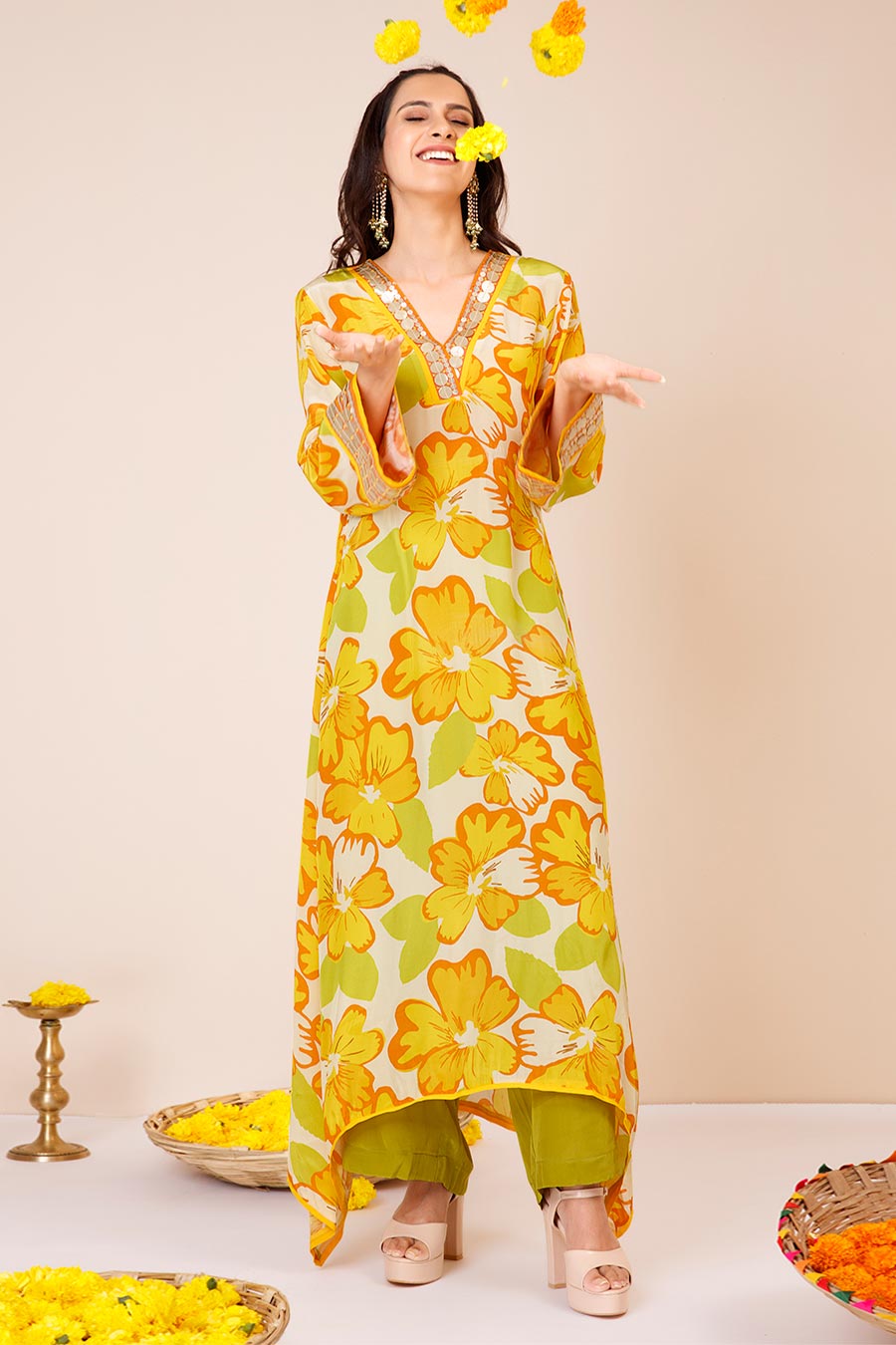 Yellow Sunflower Print Asymmetric Co-Ord Set
