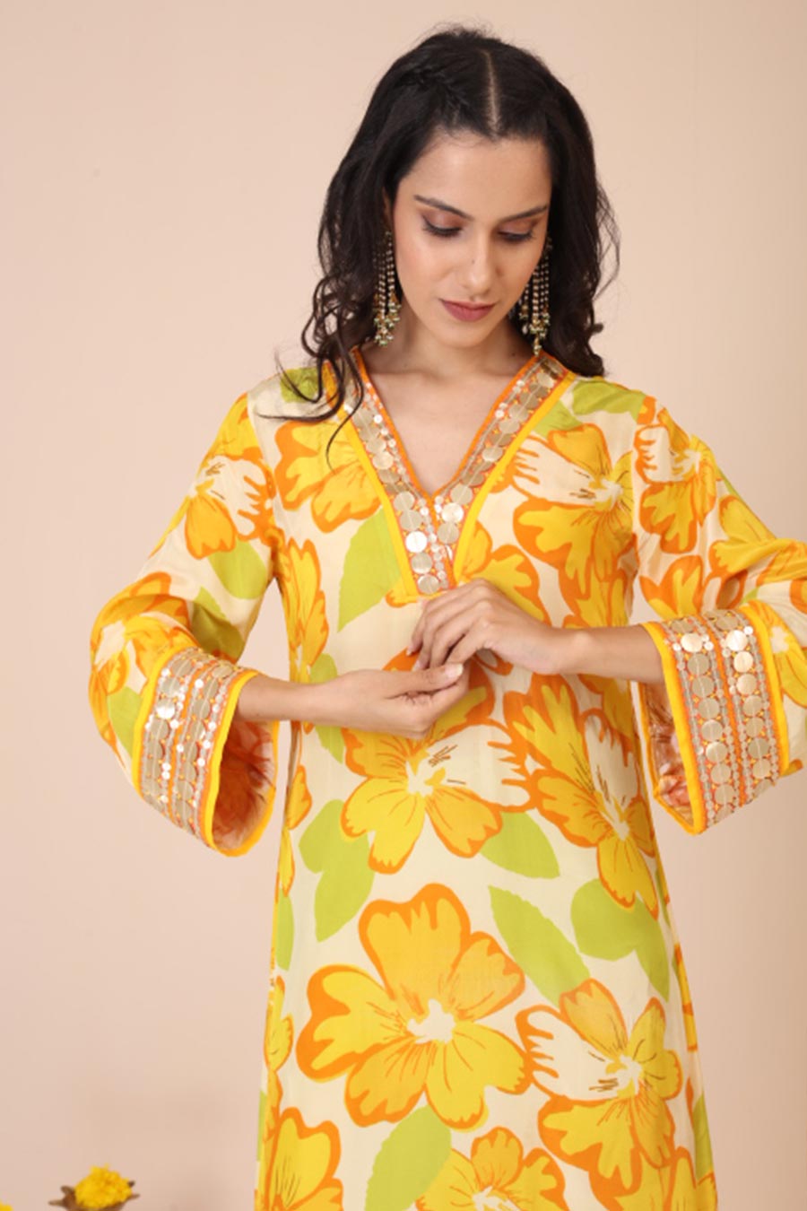Yellow Sunflower Print Asymmetric Co-Ord Set