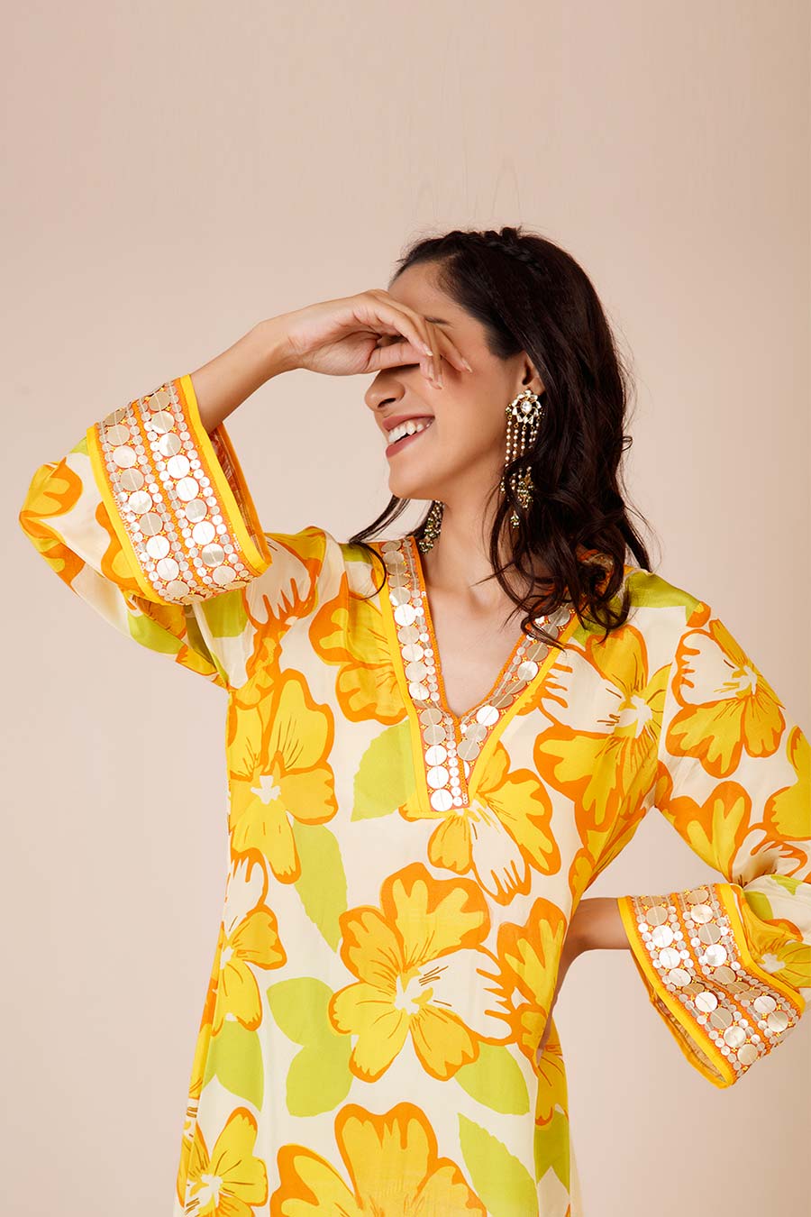 Yellow Sunflower Print Asymmetric Co-Ord Set