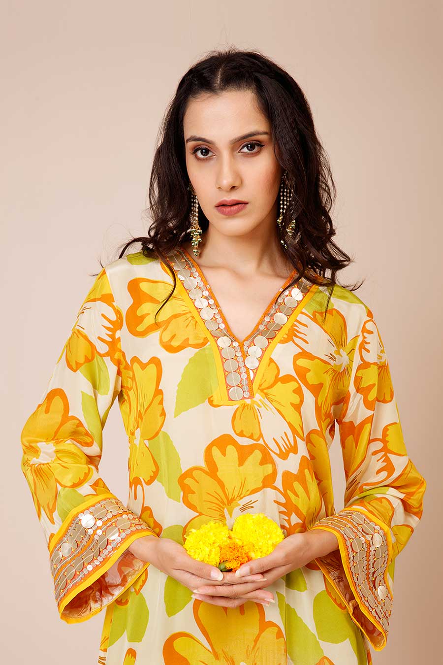 Yellow Sunflower Print Asymmetric Co-Ord Set