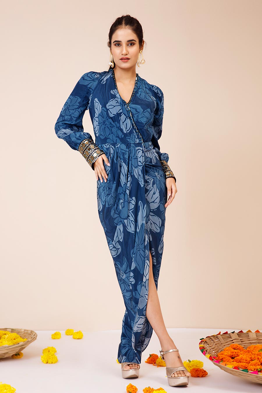 Blue Celtic Print Embroidered Drape Dress