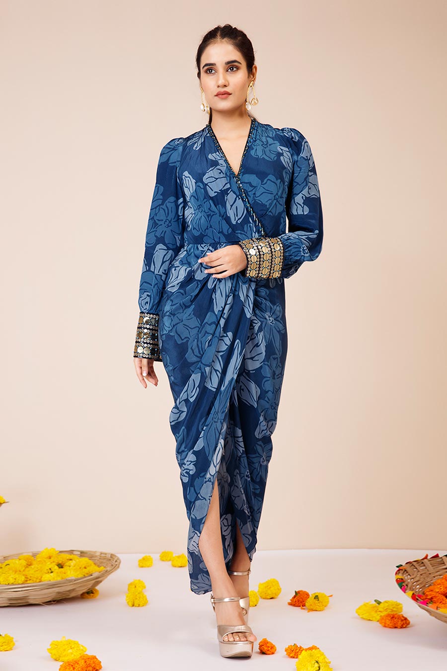 Blue Celtic Print Embroidered Drape Dress