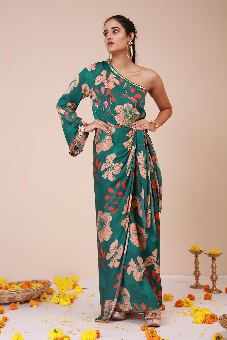 Green Hibiscus Embroiderd One-Shoulder Dress