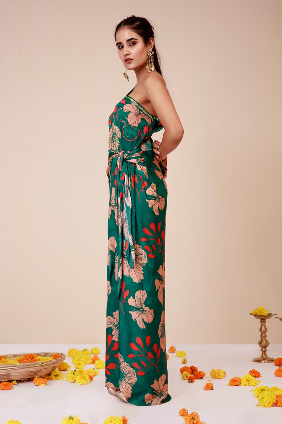 Green Hibiscus Embroiderd One-Shoulder Dress