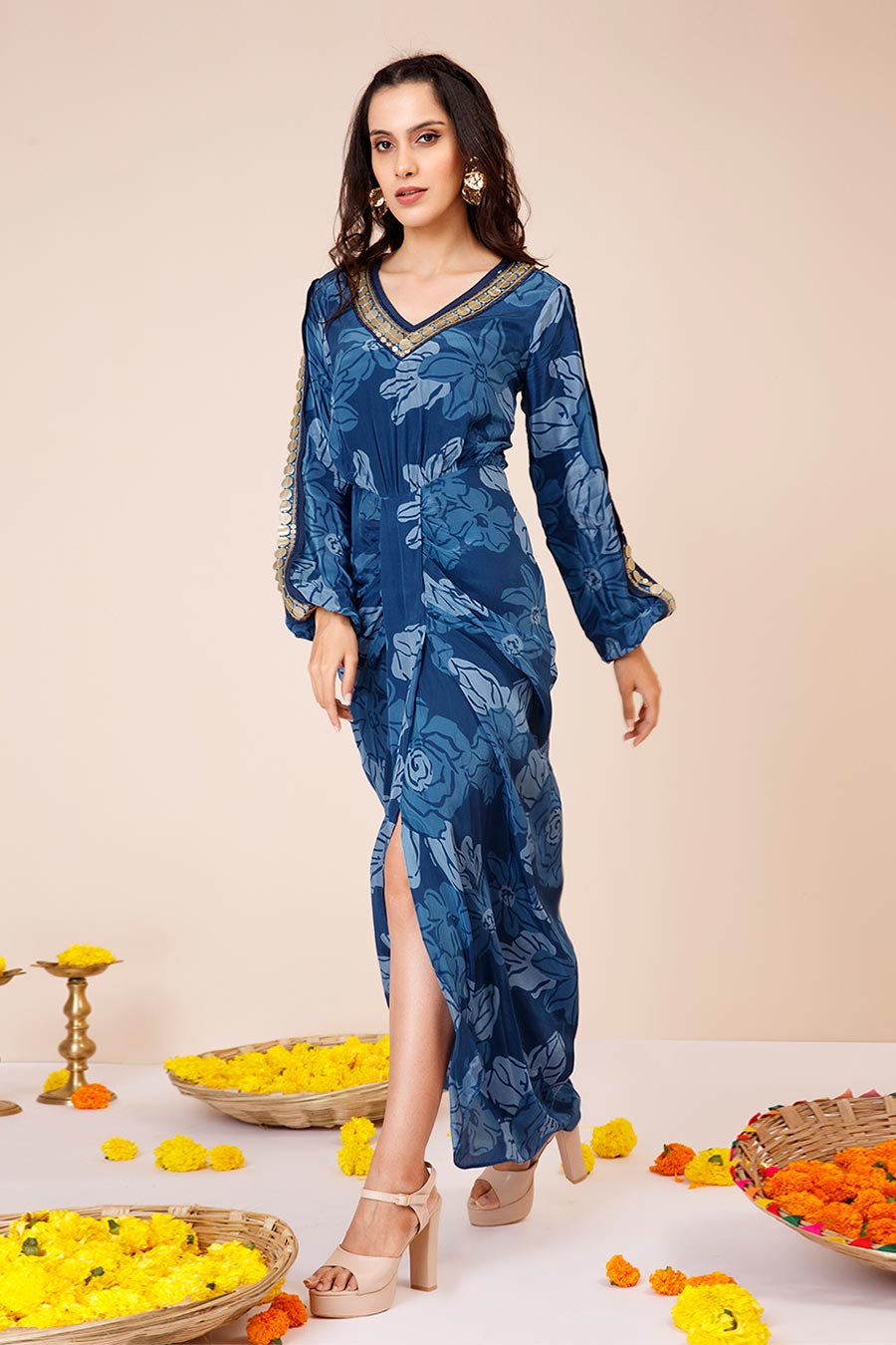 Blue Celtic Embroidered Drape Dress
