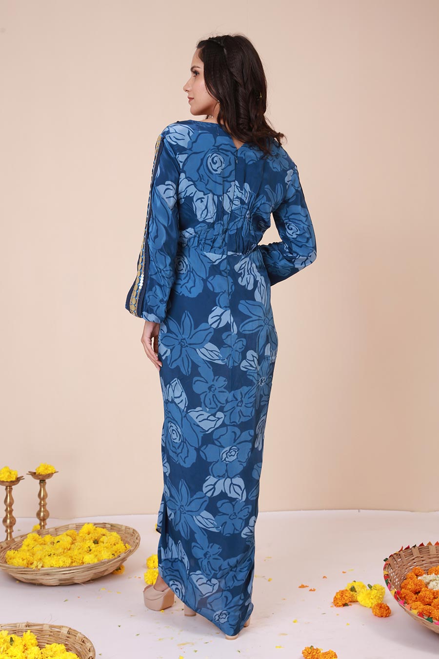 Blue Celtic Embroidered Drape Dress