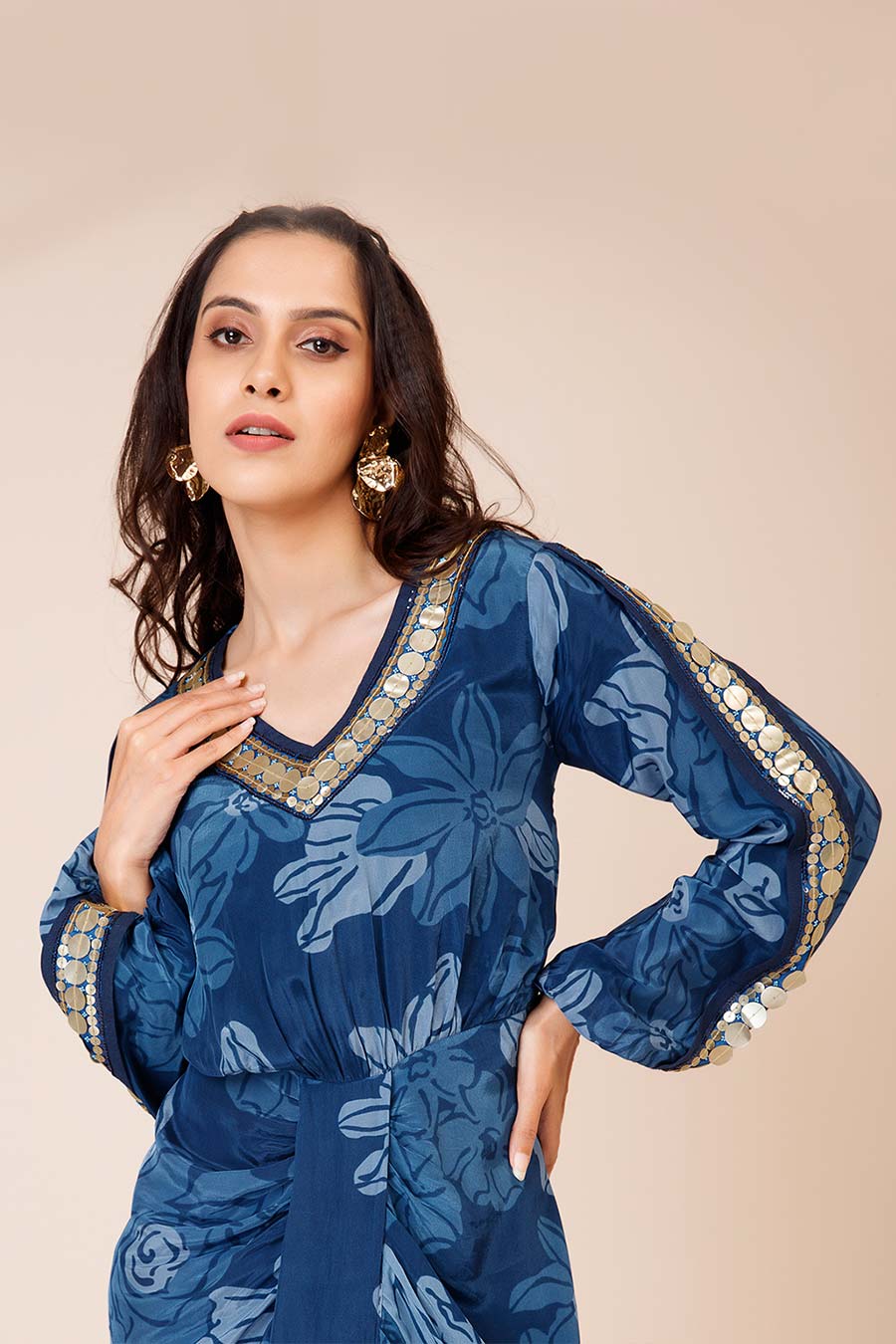 Blue Celtic Embroidered Drape Dress