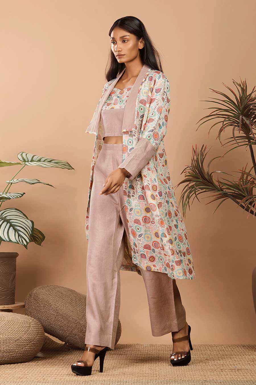 Brown Linen Printed 3Pc Co-Ord Set