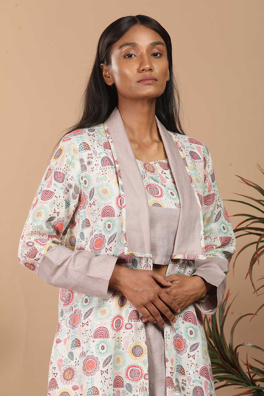 Brown Linen Printed 3Pc Co-Ord Set