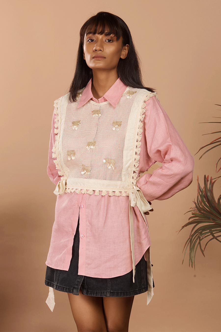 Nirvi Pink Linen Shirt with Embroidered Bib