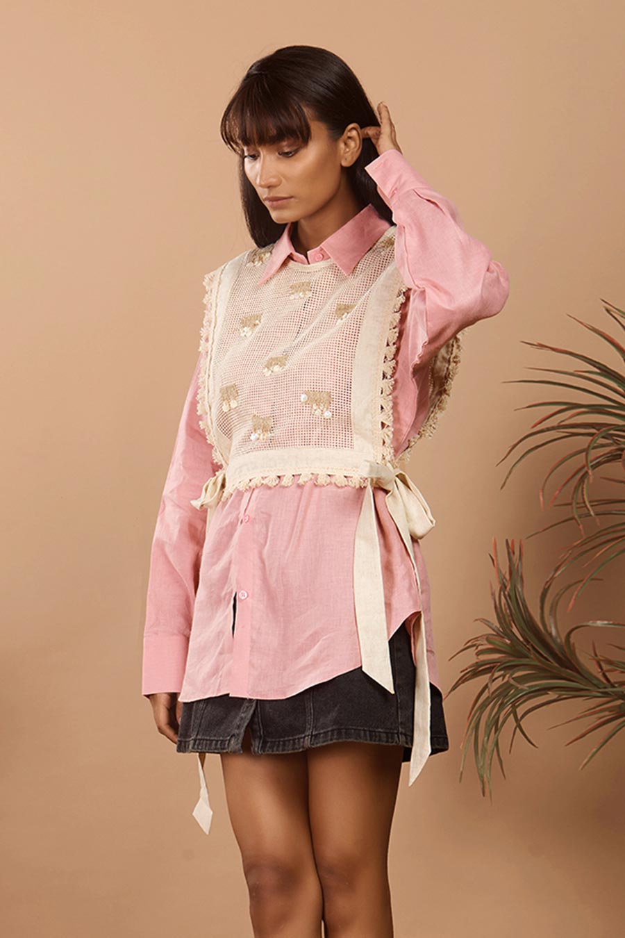 Nirvi Pink Linen Shirt with Embroidered Bib