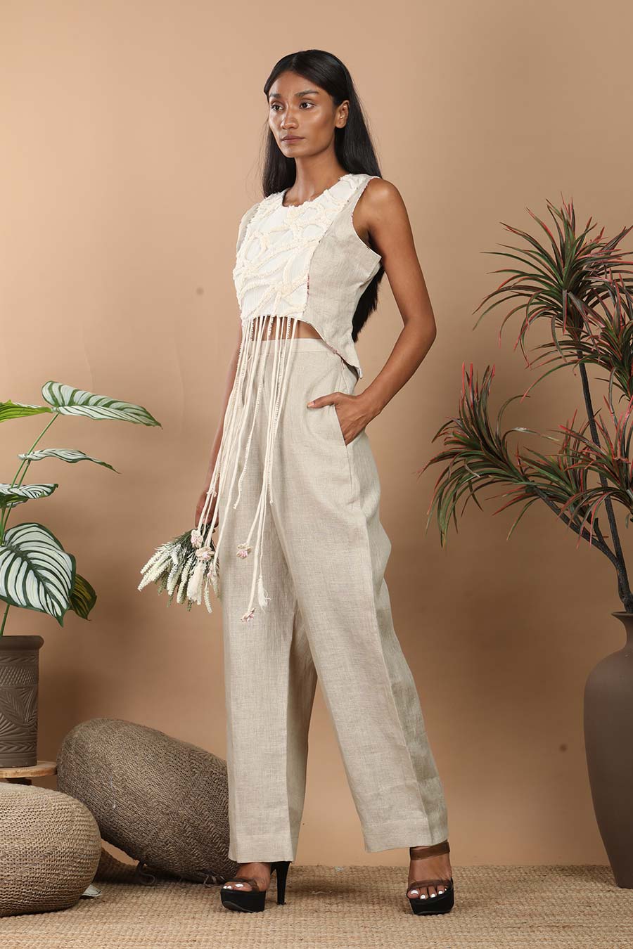 Beige Linen Fringe Embellished Co-Ord Set