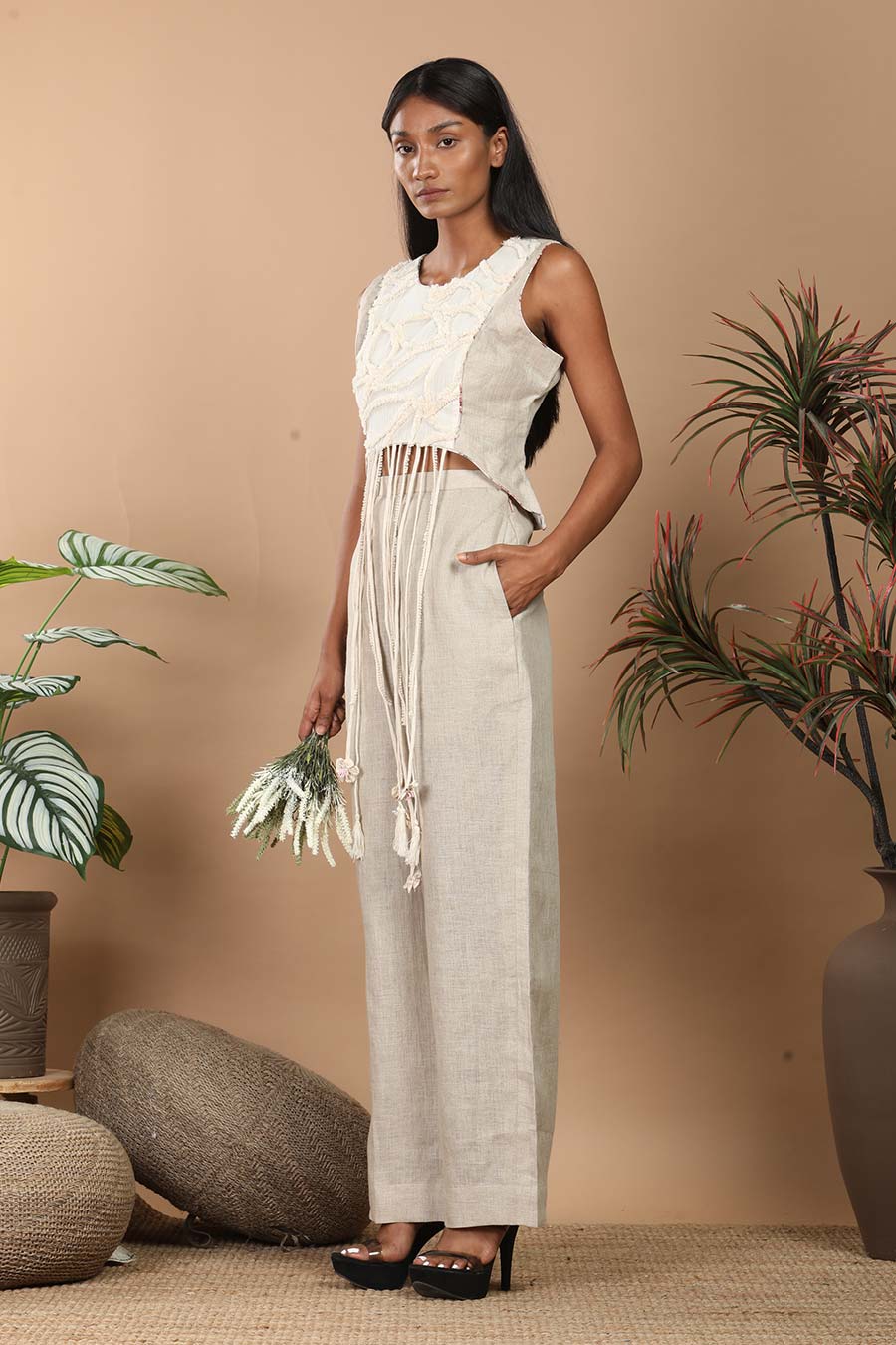 Beige Linen Fringe Embellished Co-Ord Set