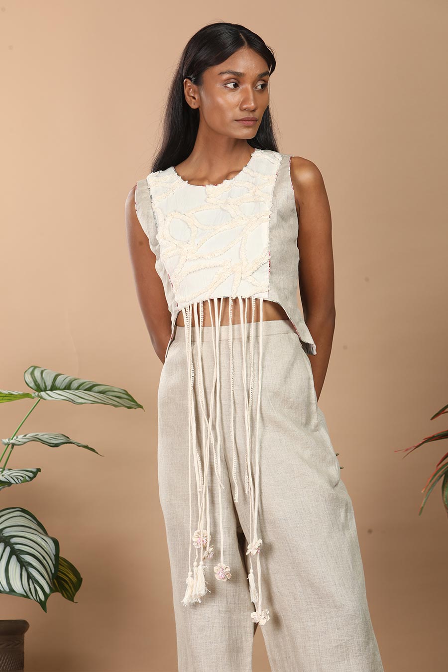 Beige Linen Fringe Embellished Co-Ord Set