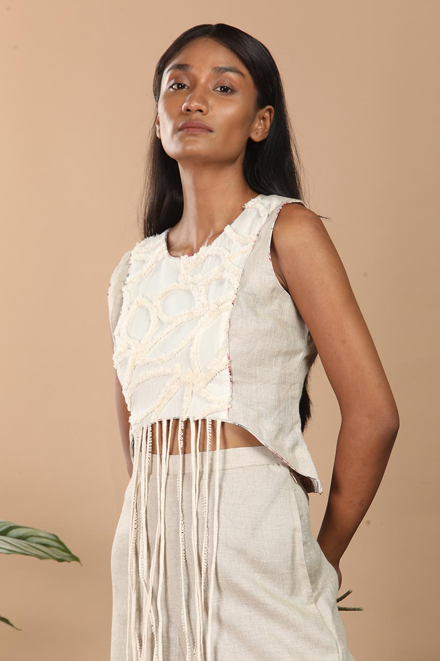 Beige Linen Fringe Embellished Co-Ord Set