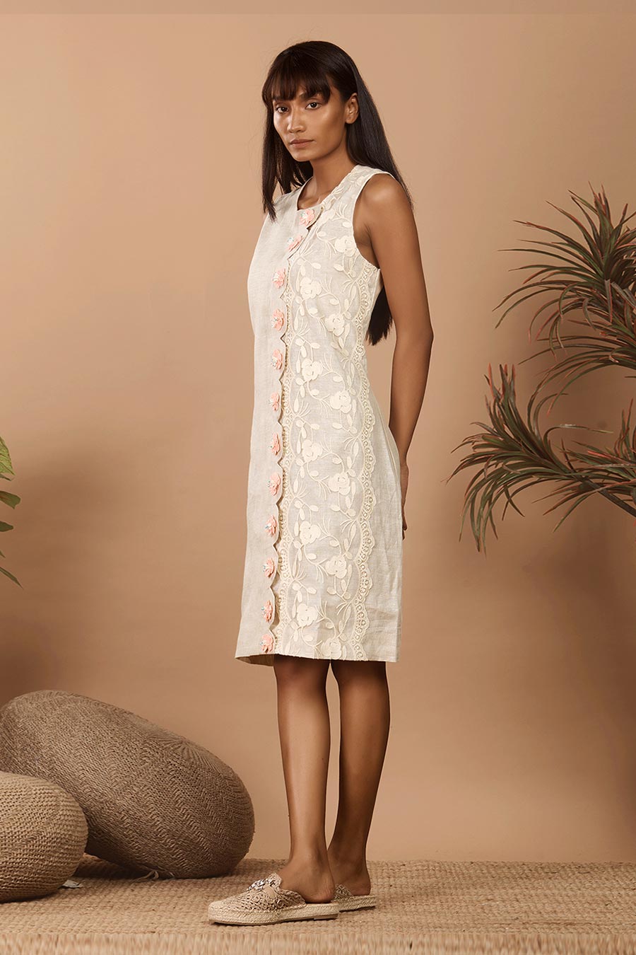 Beige Linen Embellished Shift Dress
