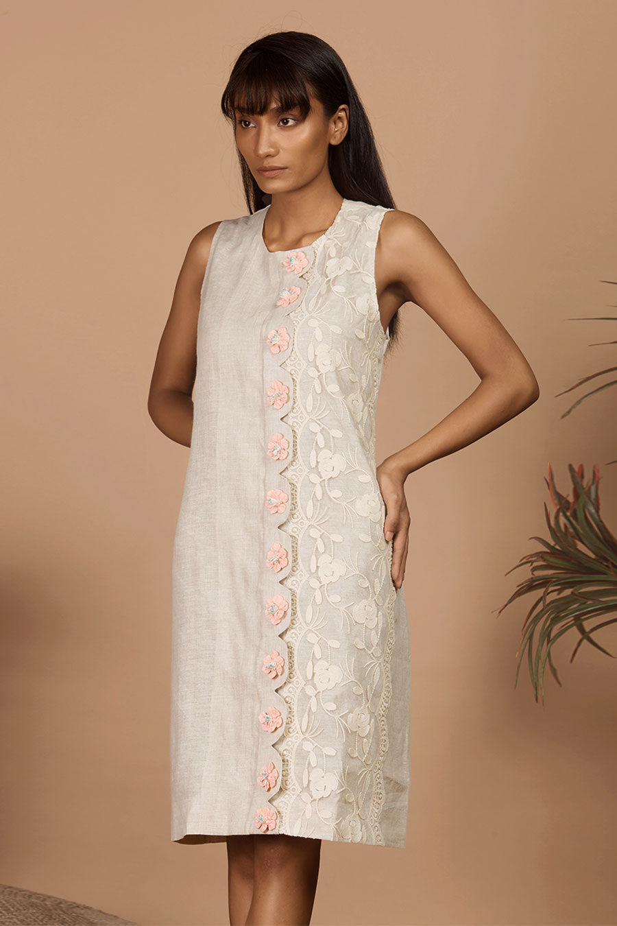 Beige Linen Embellished Shift Dress