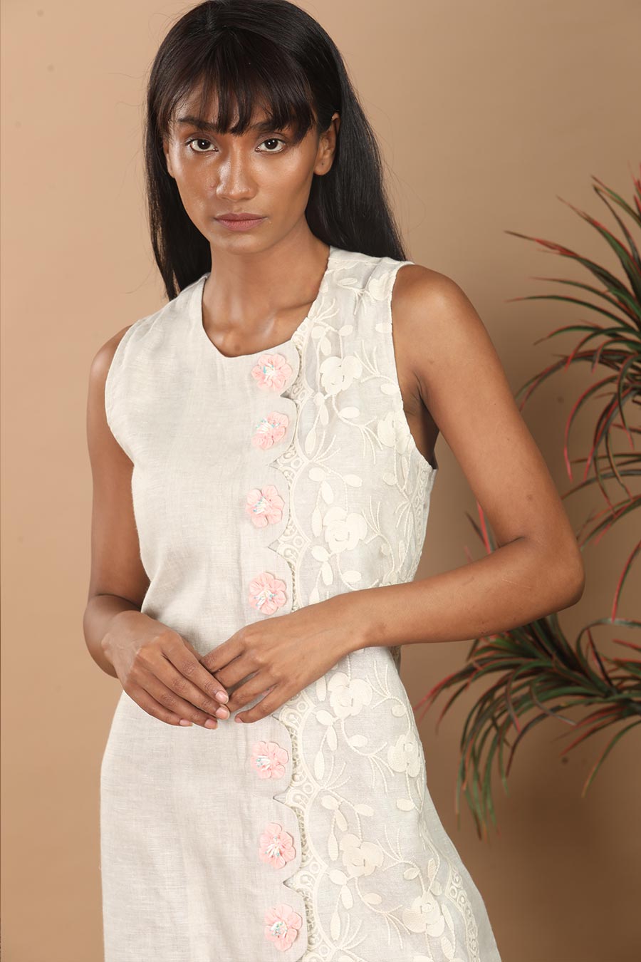Beige Linen Embellished Shift Dress