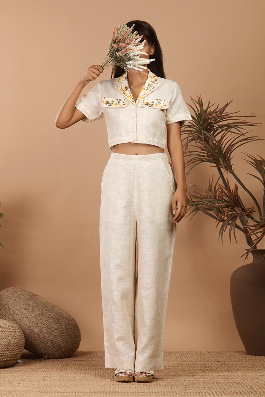 Beige Linen Embroidered Co-Ord Set