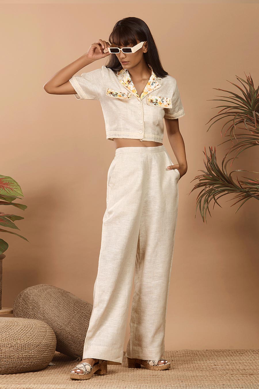 Beige Linen Embroidered Co-Ord Set