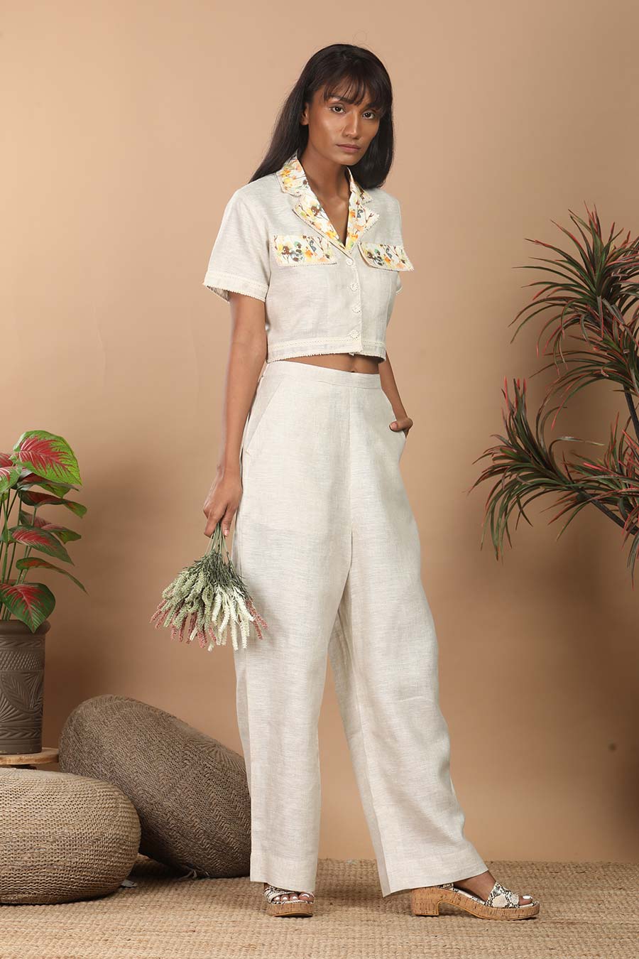 Beige Linen Embroidered Co-Ord Set