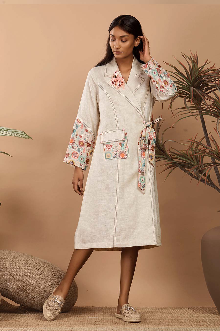 Nirvi Pastel Beige Trench Coat Dress
