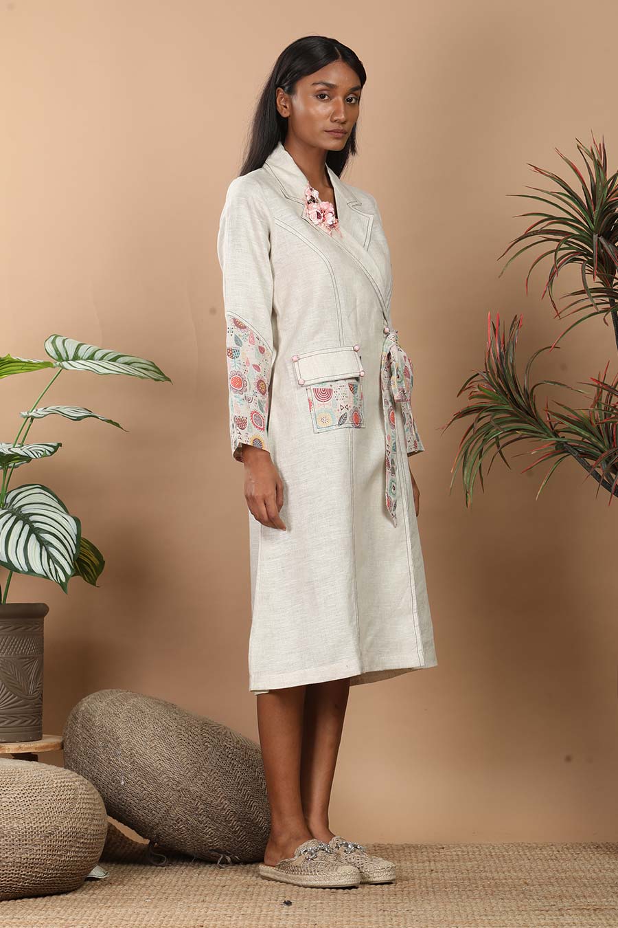 Nirvi Pastel Beige Trench Coat Dress