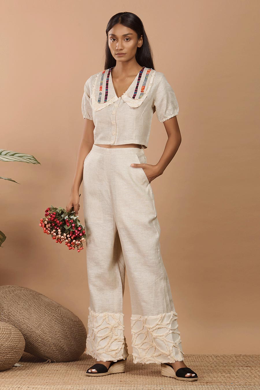 Beige Linen Embellished Co-Ord Set