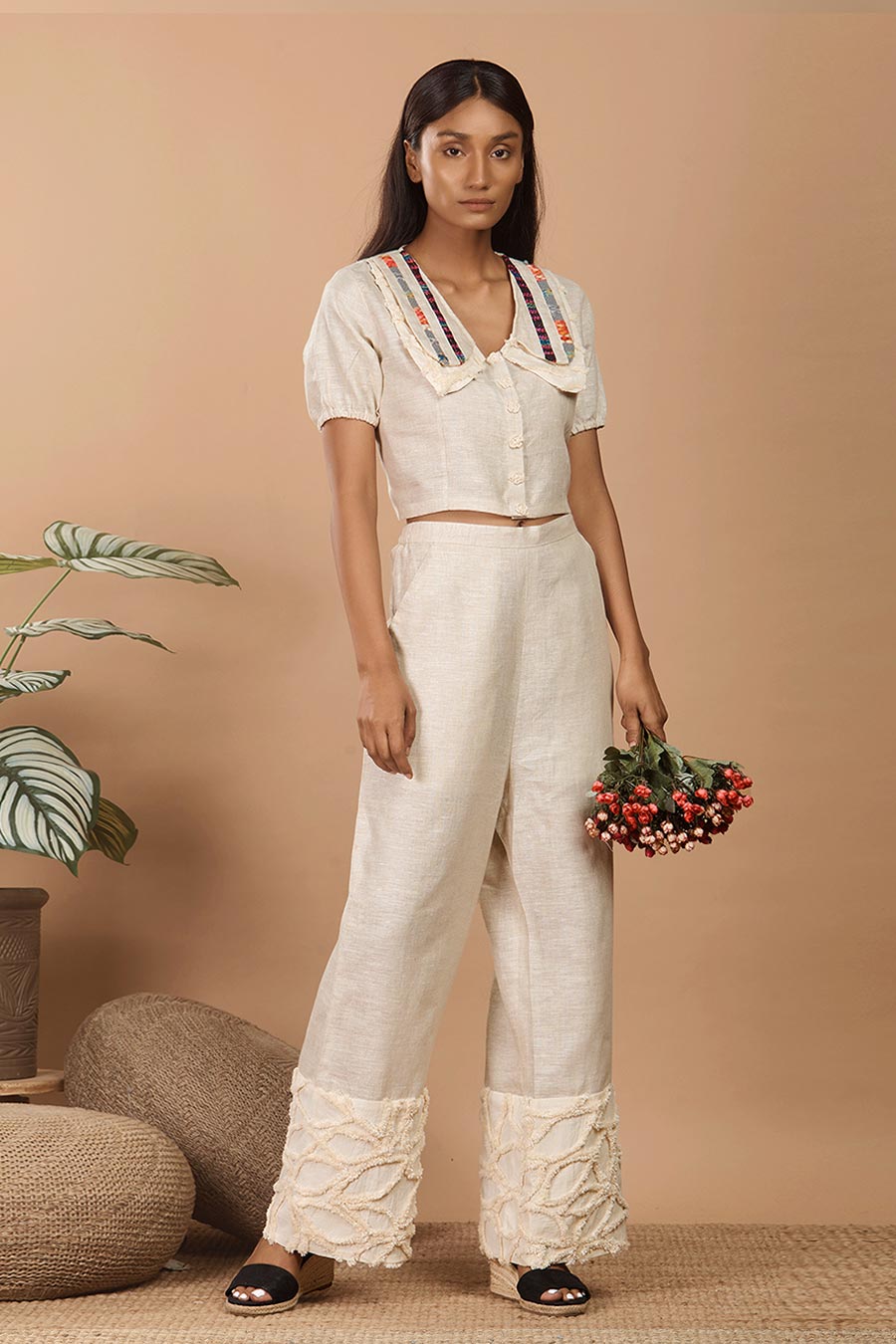 Beige Linen Embellished Co-Ord Set