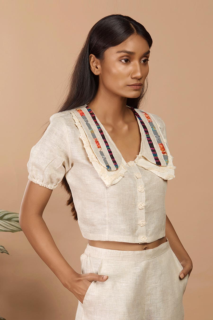 Beige Linen Embellished Co-Ord Set
