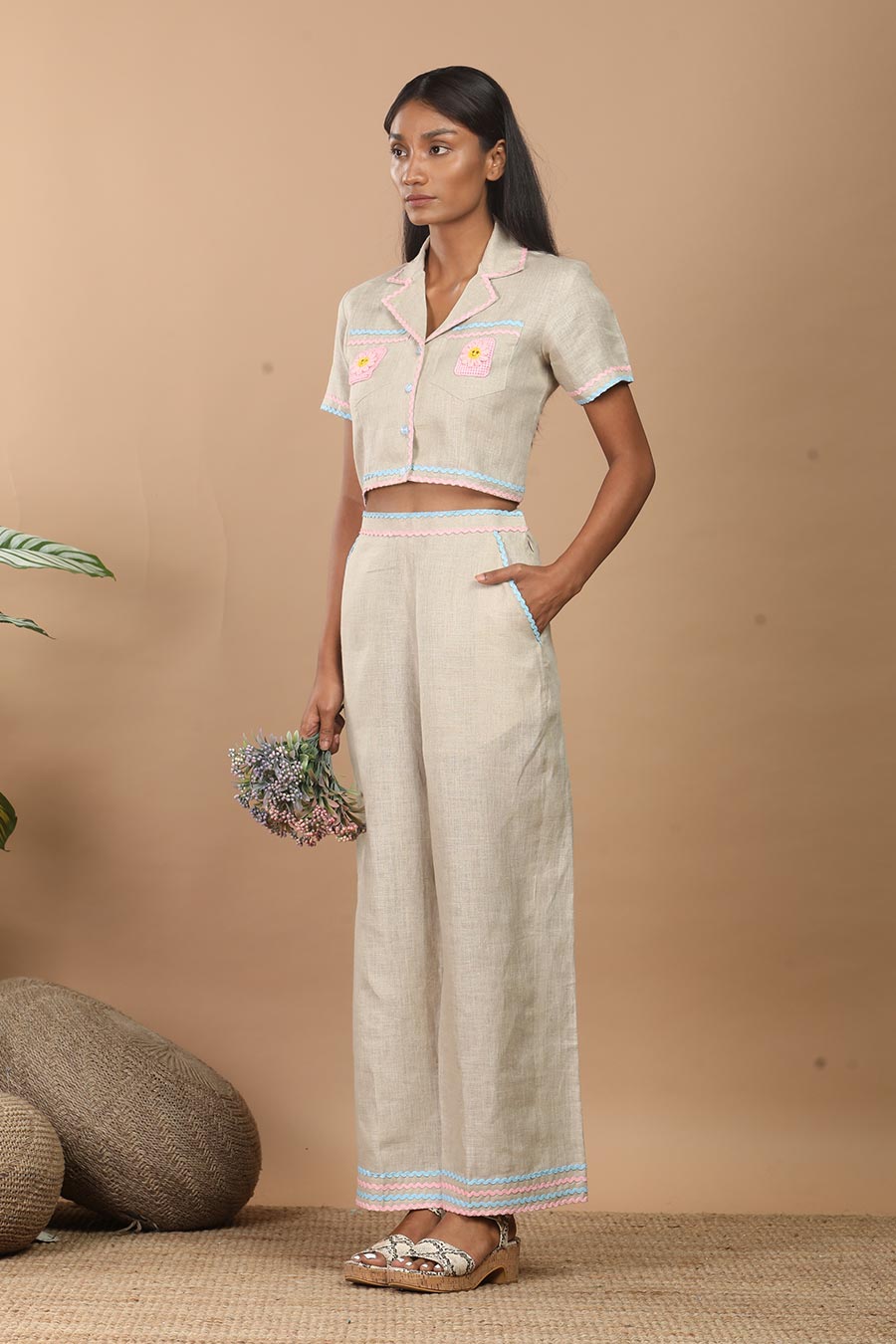 Beige Linen Daisy Embellished Co-Ord Set