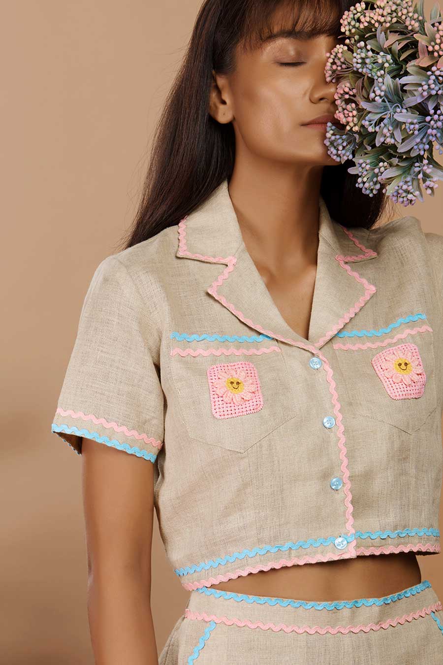 Beige Linen Daisy Embellished Co-Ord Set