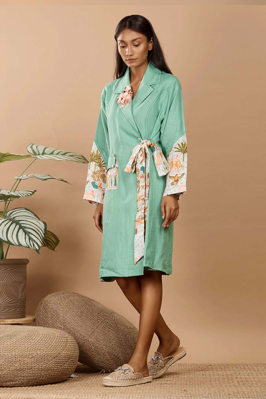 Nirvi Clover Green Linen Trench Coat Dress