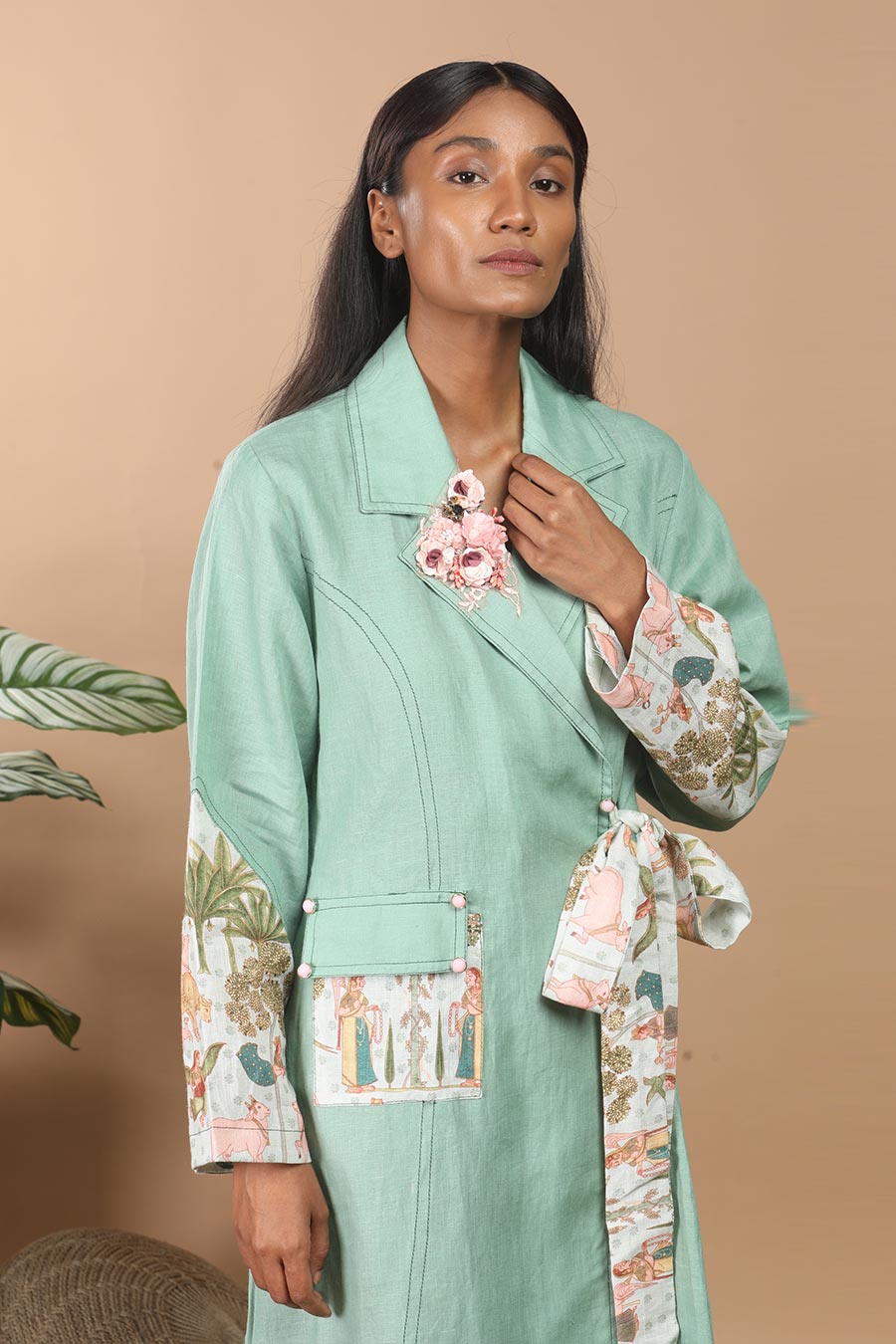 Nirvi Clover Green Linen Trench Coat Dress