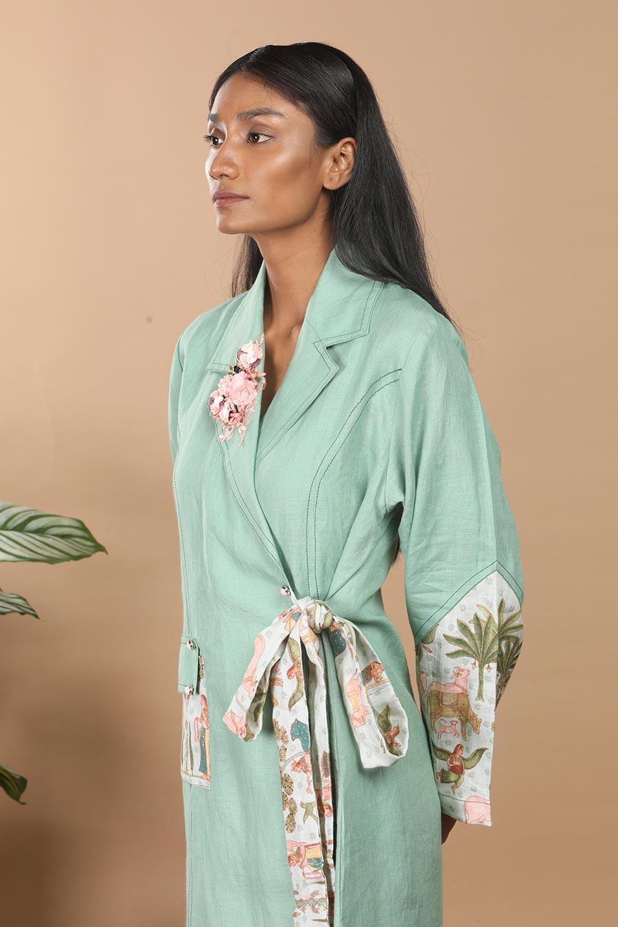 Nirvi Clover Green Linen Trench Coat Dress