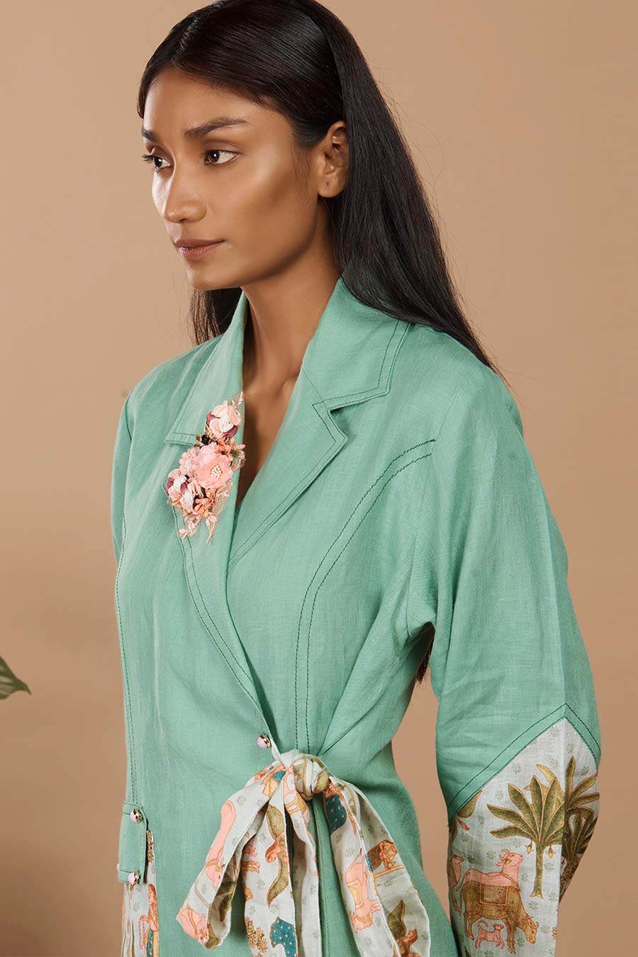 Nirvi Clover Green Linen Trench Coat Dress