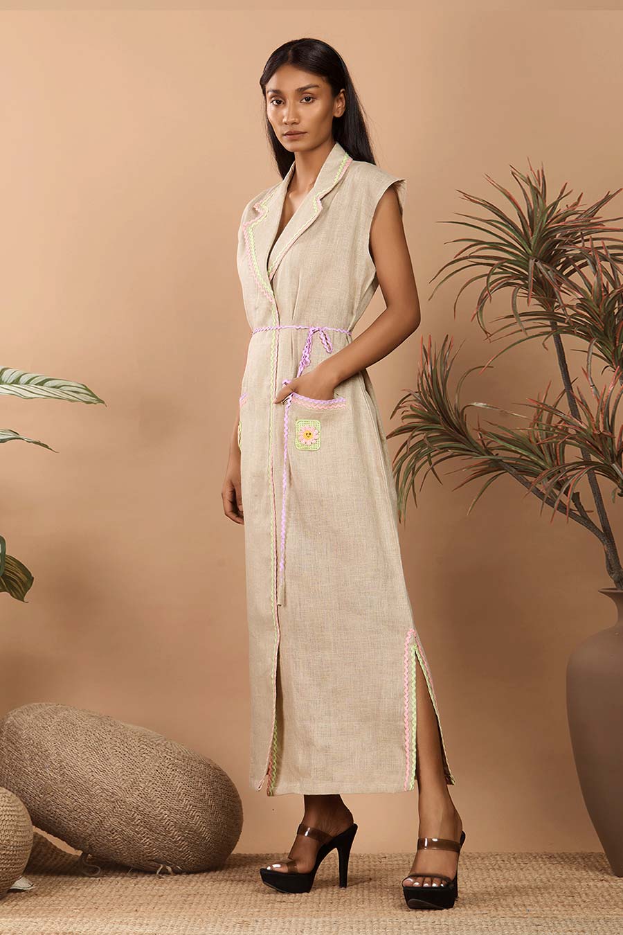 Nirvi Beige Linen Embroidered Blazer Dress
