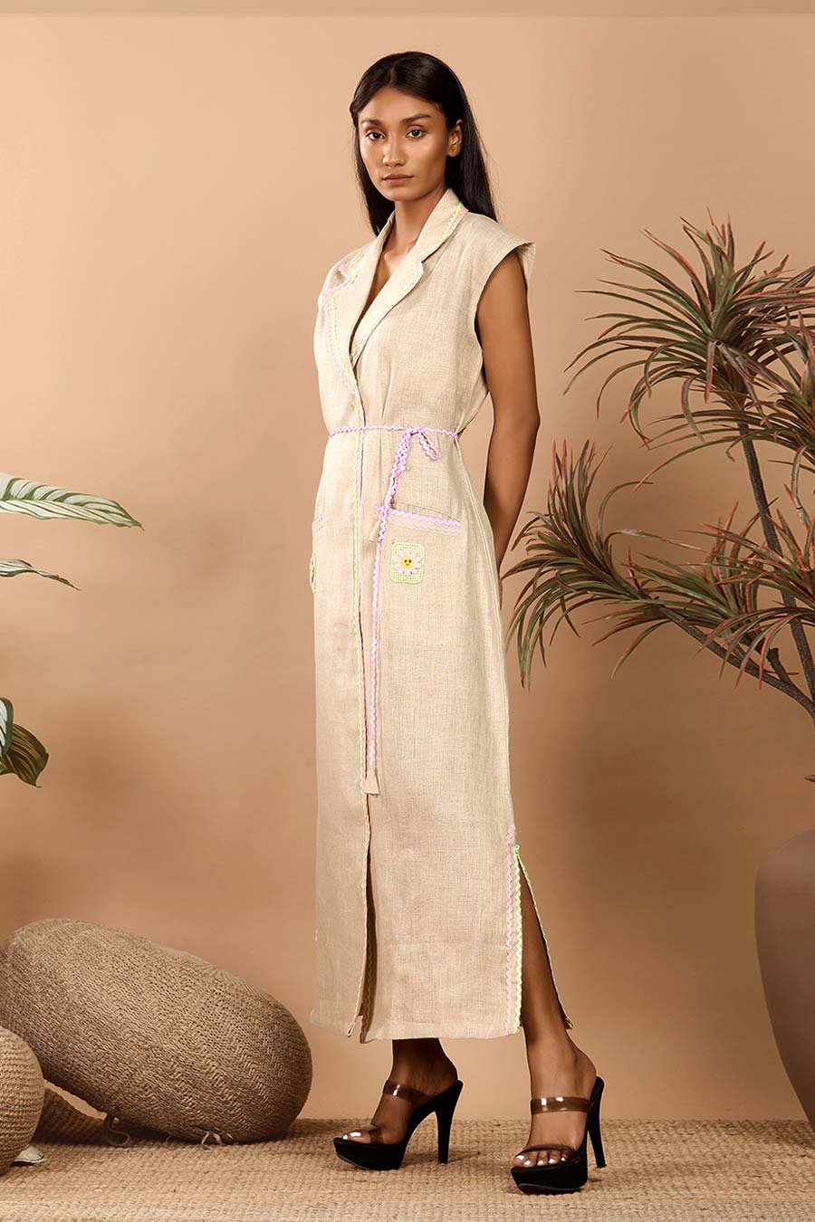 Nirvi Beige Linen Embroidered Blazer Dress