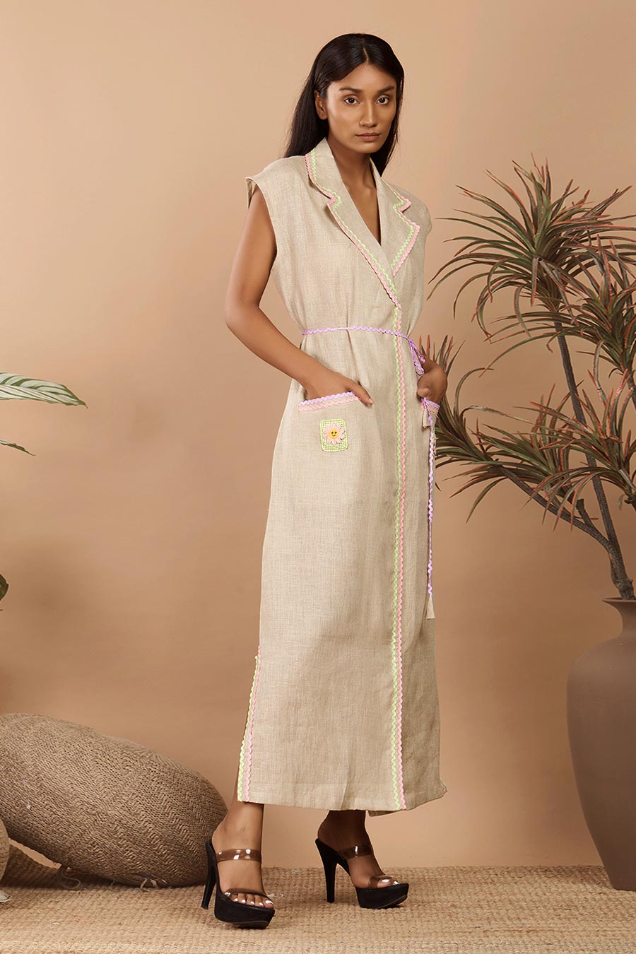 Nirvi Beige Linen Embroidered Blazer Dress
