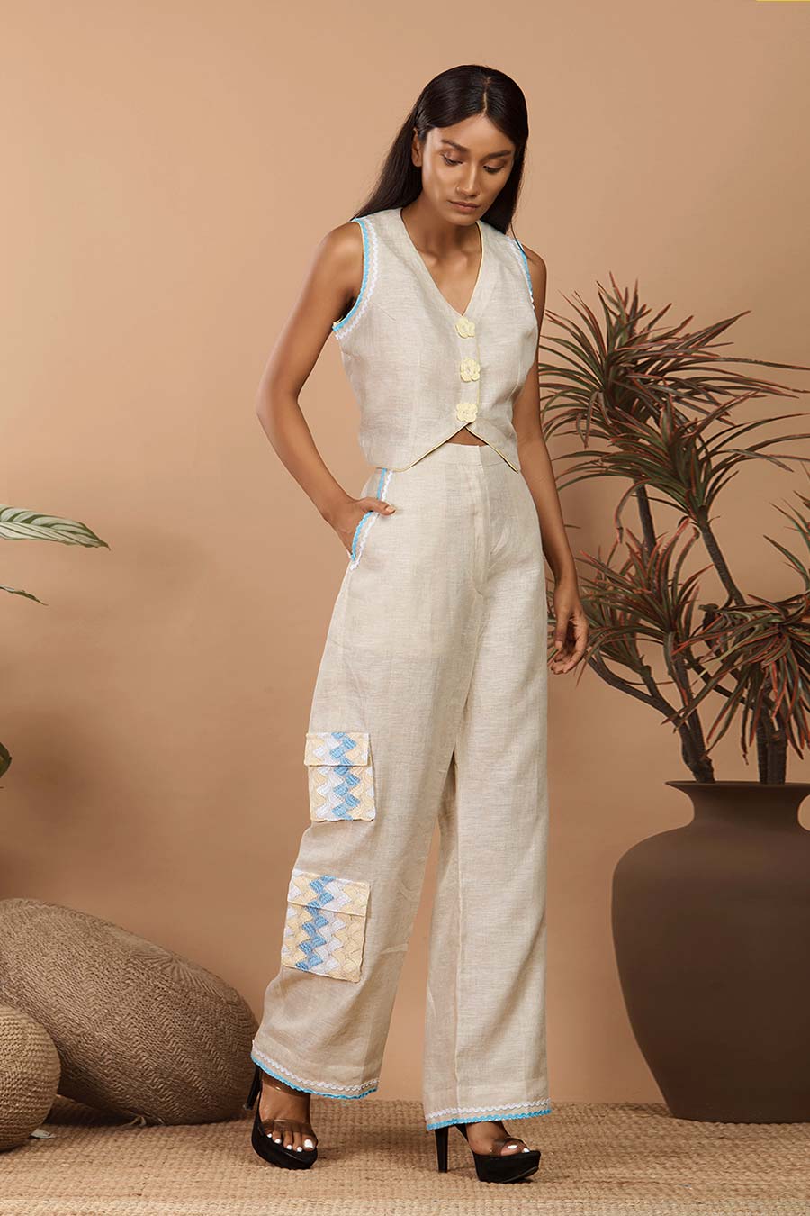 Beige Linen Waistcoat Embroidered Co-Ord Set