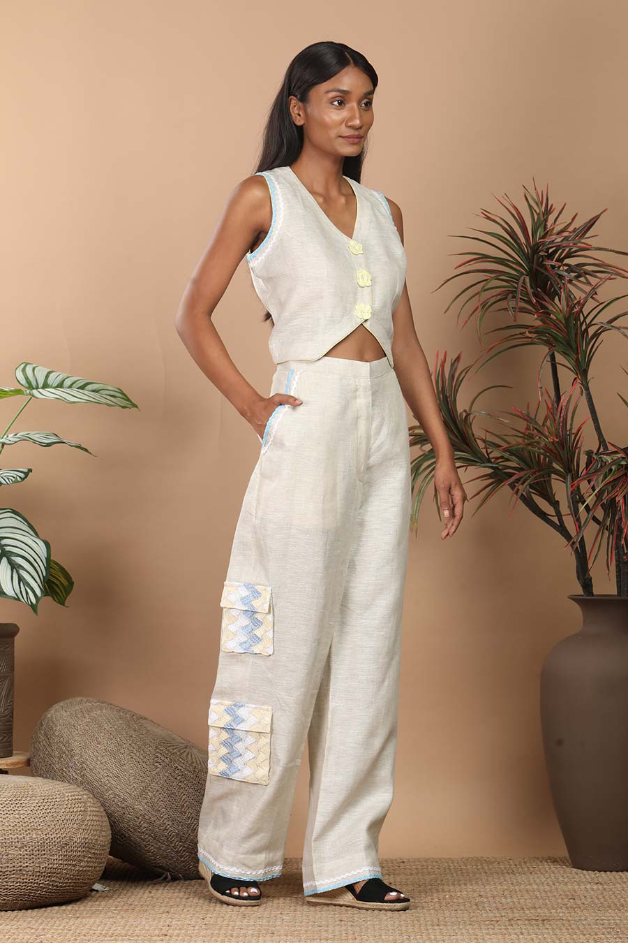 Beige Linen Waistcoat Embroidered Co-Ord Set