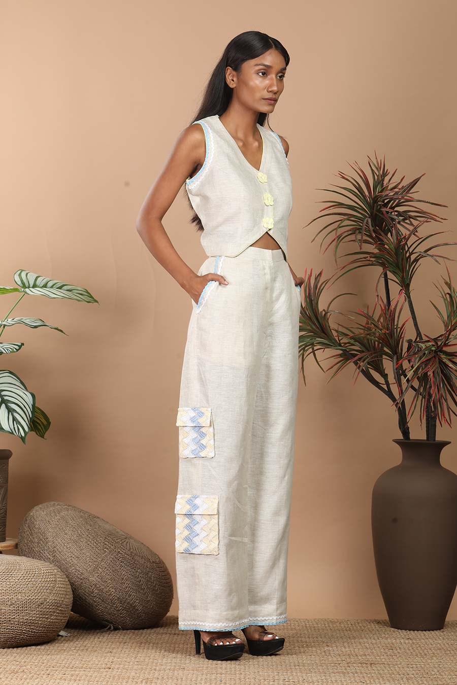 Beige Linen Waistcoat Embroidered Co-Ord Set