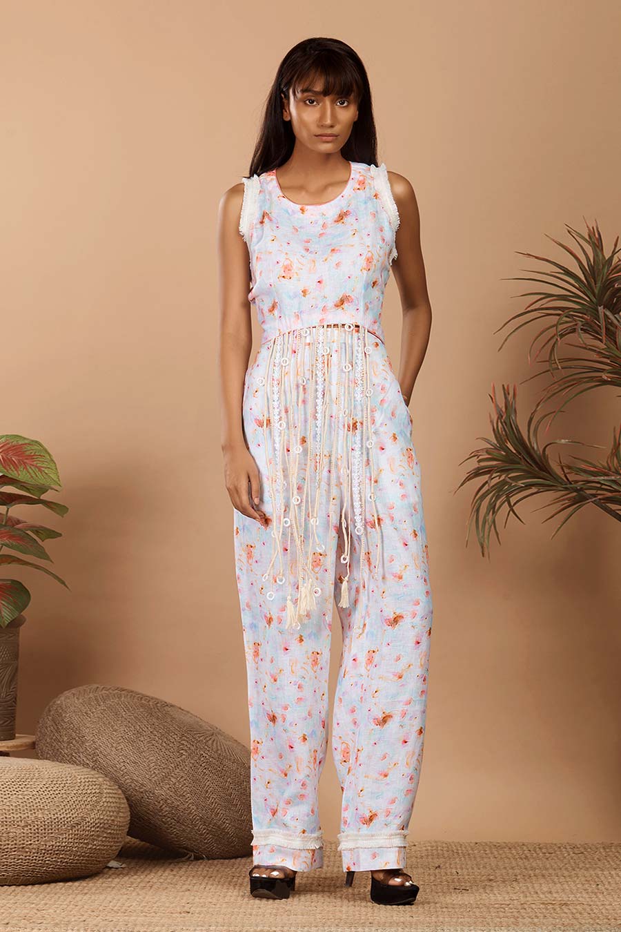 White Linen Abstract Print Co-Ord Set