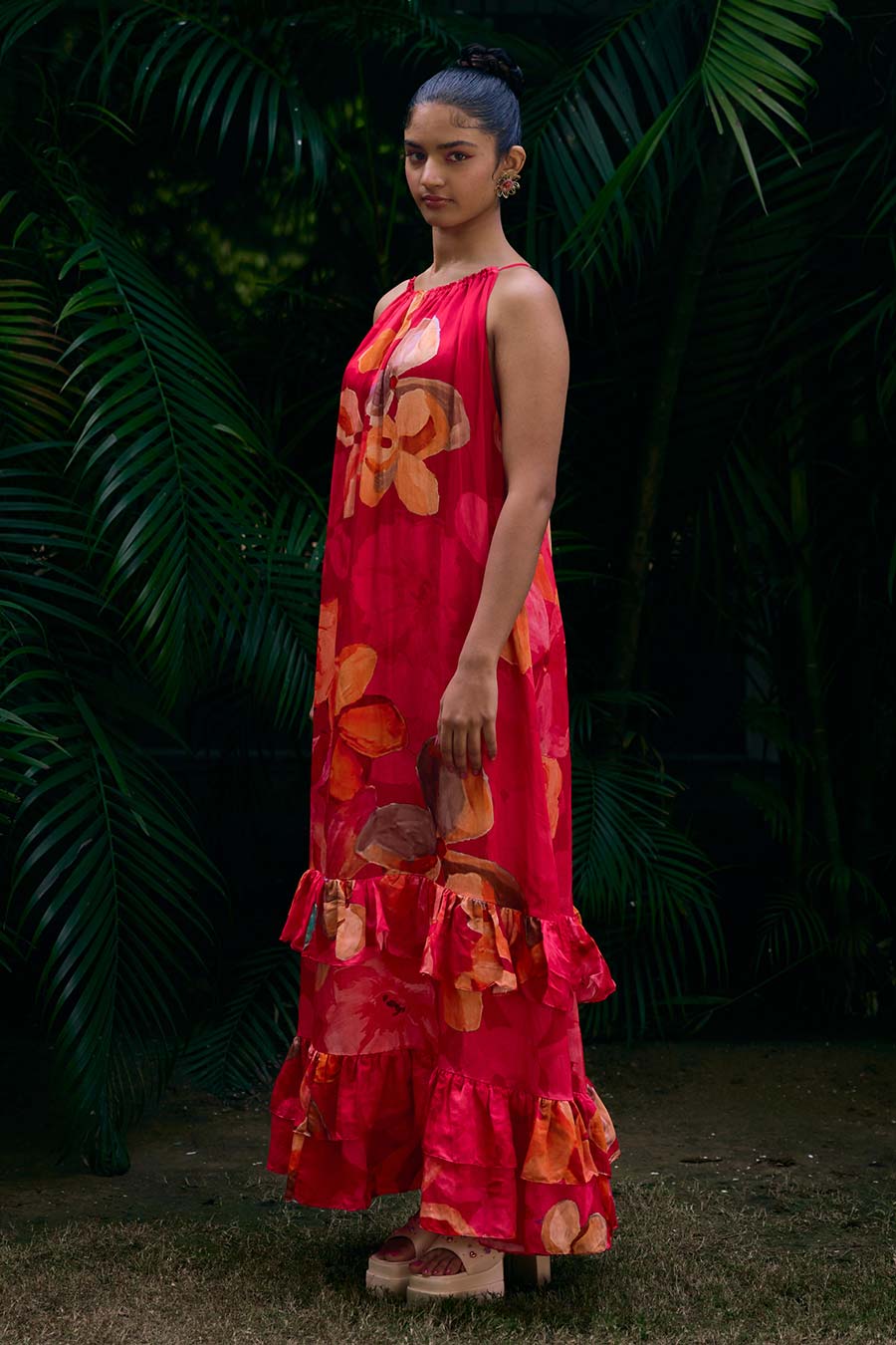 Red Printed Halter Neck Tiered Maxi Dress