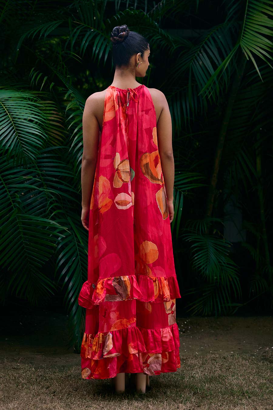 Red Printed Halter Neck Tiered Maxi Dress