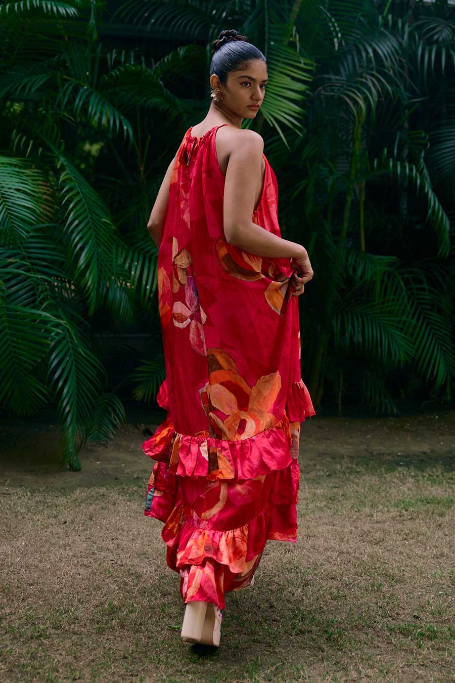 Red Printed Halter Neck Tiered Maxi Dress