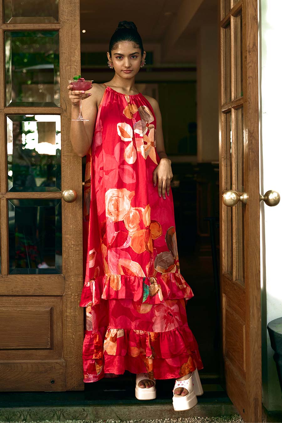 Red Printed Halter Neck Tiered Maxi Dress