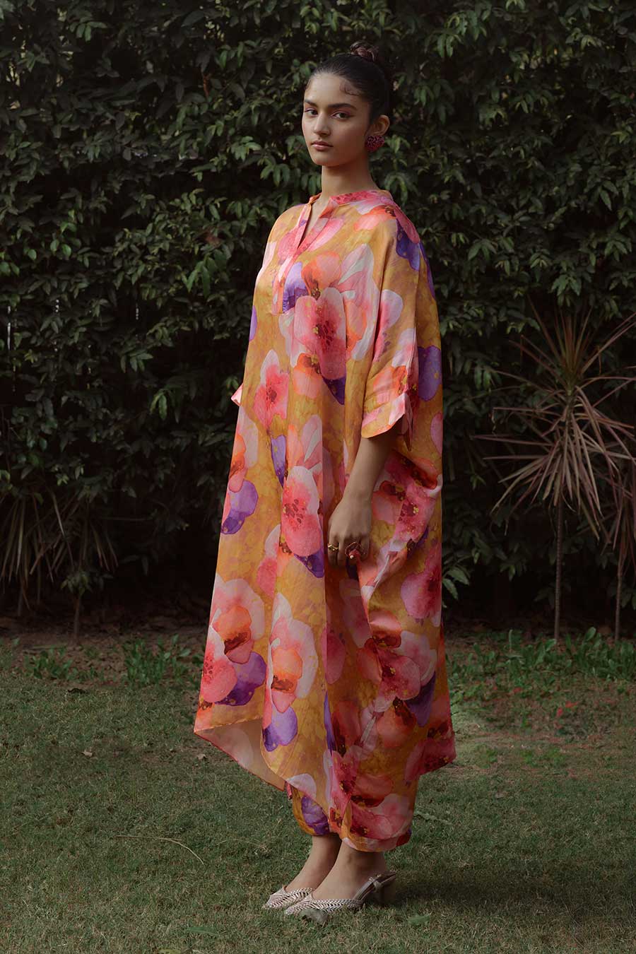 Orange Printed Long Kaftan & Pant Co-Ord Set